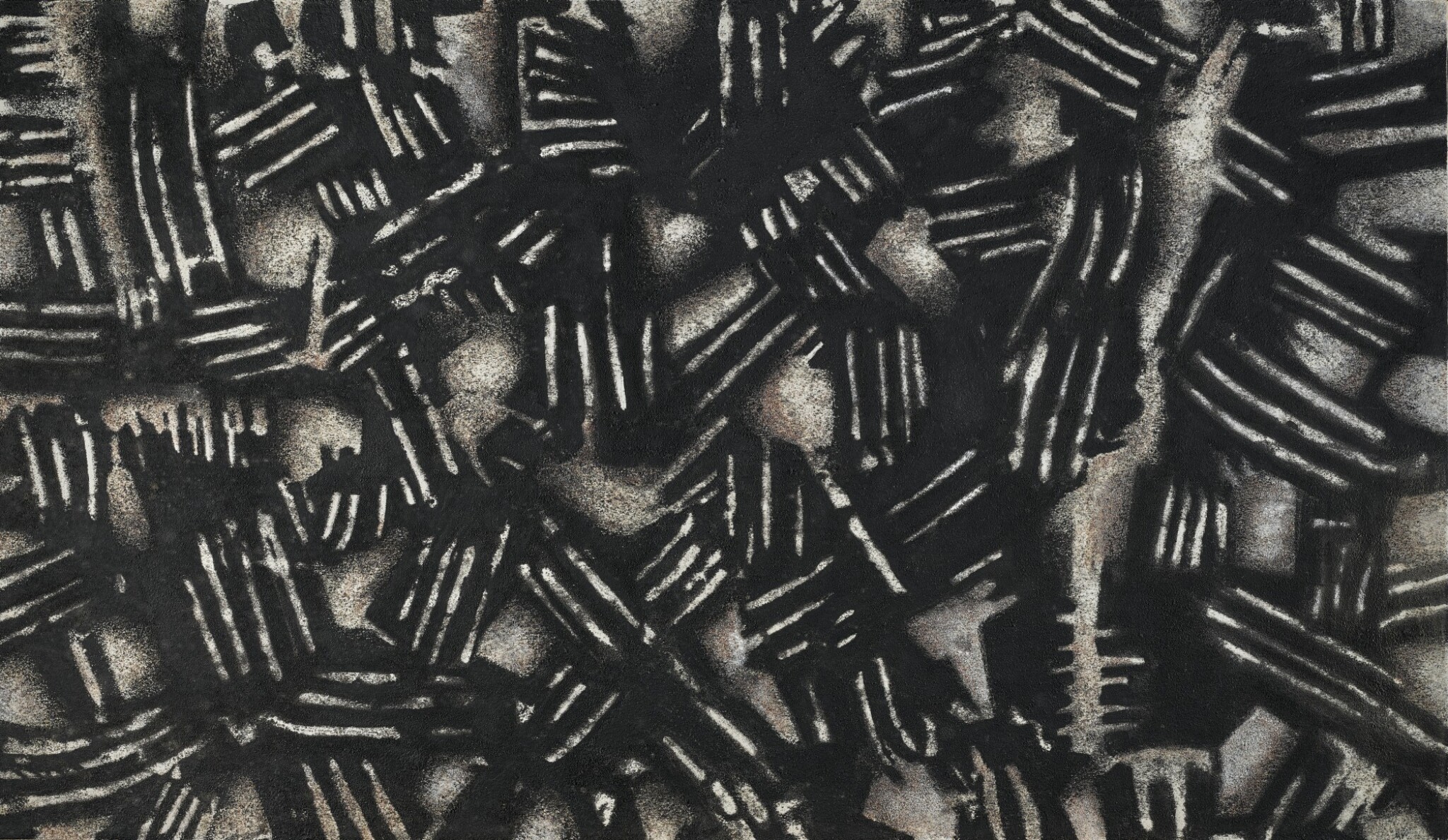بدون عنوان (ترکیب بندی)، 1341. محسن وزیری مقدم. شن سیاه بر روی بوم. فروخته شده در هنر قرن بیستم خاورمیانه ساتبیز، 91/3 هزار دلار.